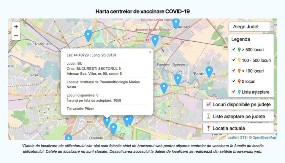 Harta interactivă a centrelor de vaccinare, pe tipuri de vaccin, este disponibilă