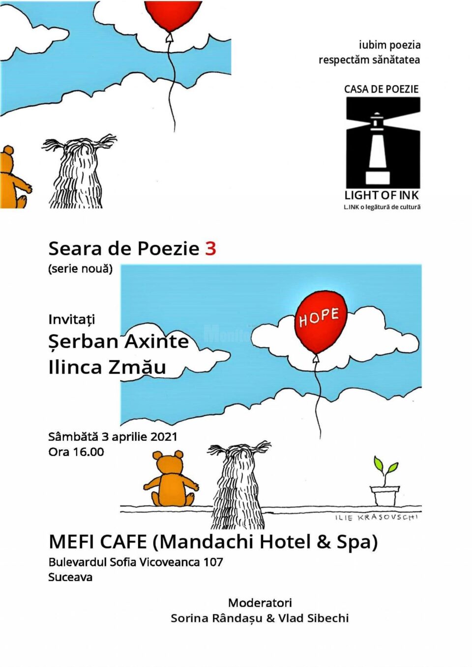 Șerban Axinte și Ilinca Zmău, invitați la o nouă seară de poezie