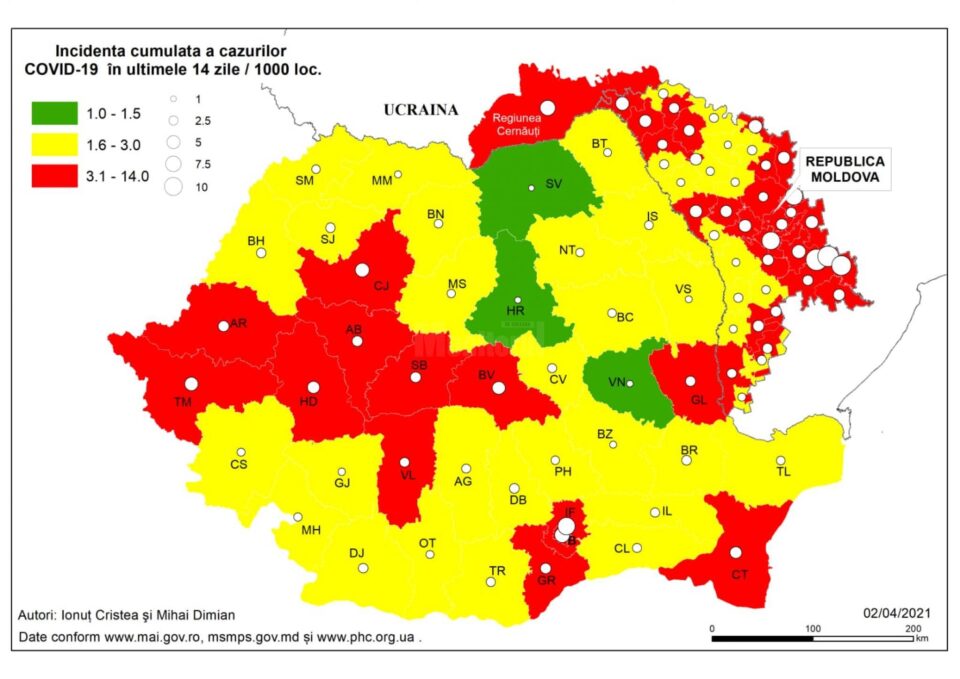 Harta incidenței Covid-19 la data de 5 aprilie 2021