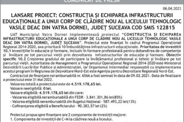 LANSARE PROIECT: CONSTRUCȚIA ȘI ECHIPAREA INFRASTRUCTURII EDUCAȚIONALE A UNUI CORP DE CLĂDIRE NOU AL LICEULUI TEHNOLOGIC VASILE DEAC DIN VATRA DORNEI, JUDEȚ SUCEAVA COD SMIS 122815