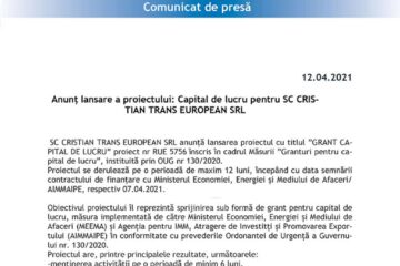 Anunț lansare a proiectului: Capital de lucru pentru SC CRISTIAN TRANS EUROPEAN SRL