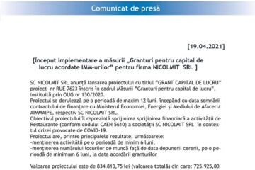 Început implementare a măsurii „Granturi pentru capital de lucru acordate IMM-urilor” pentru firma NICOLMIT SRL