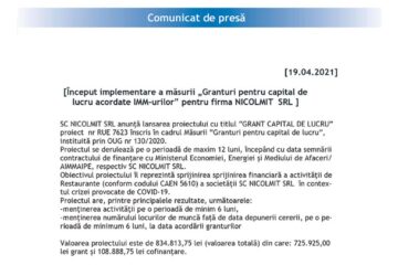 Început implementare a măsurii „Granturi pentru capital de lucru acordate IMM-urilor” pentru firma NICOLMIT SRL