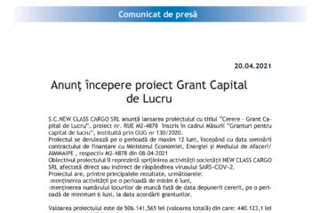 Anunț începere proiect Grant Capital de Lucru