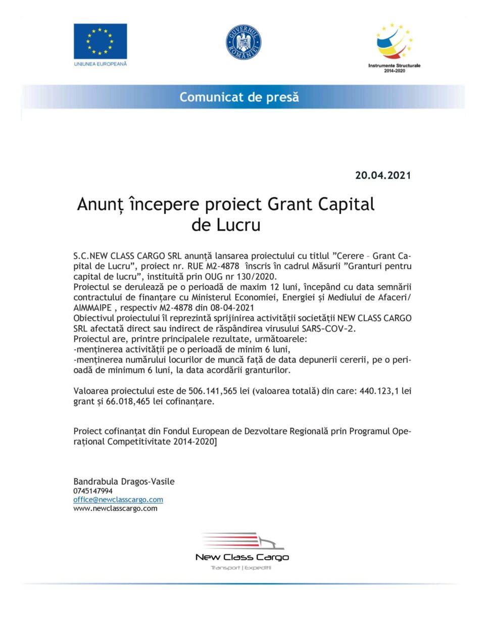 Anunț începere proiect Grant Capital de Lucru