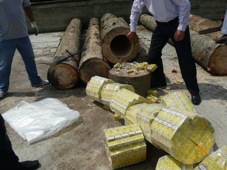 Țigări de contrabandă aduse în România în bușteni scobiți