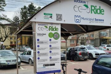 Punctul de închiriere trotinete din fața magazinului Bucovina