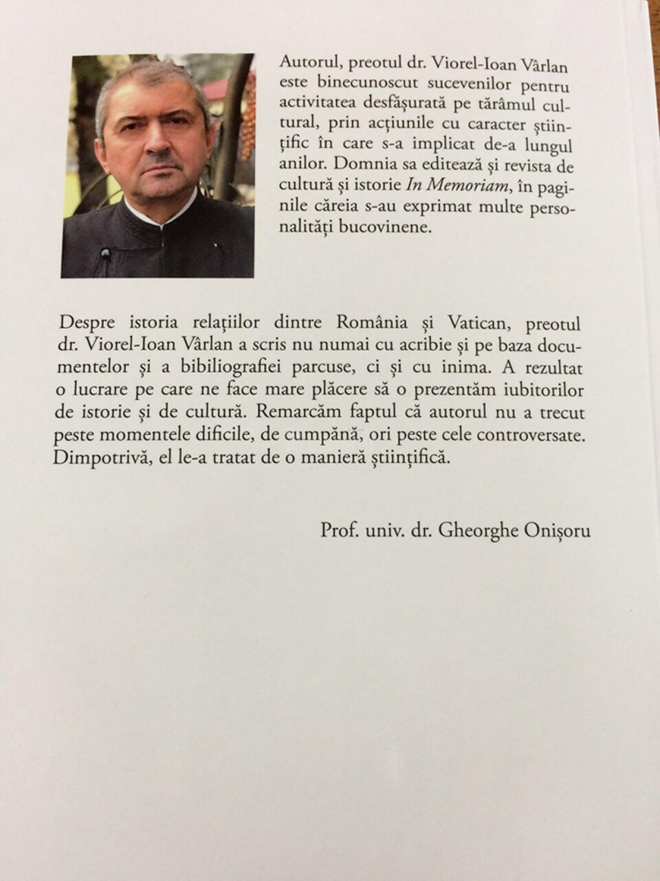 Volumul „Relații diplomatice și ecleziastice între România și Vatican după 1948”, semnat de preotul dr. Viorel Ioan Vârlan, publicat la Editura „Glasul Istoriei”