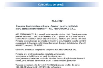 Începere implementare măsura „Granturi pentru capital de lucru acordate beneficiarilor” - MSC PERFORMANCE S.R.L.