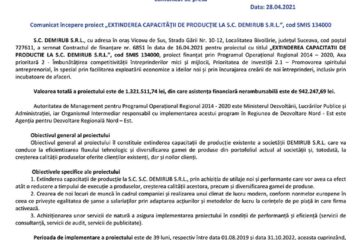 Comunicat începere proiect „EXTINDEREA CAPACITĂȚII DE PRODUCȚIE LA S.C. DEMIRUB S.R.L.”, cod SMIS 134000