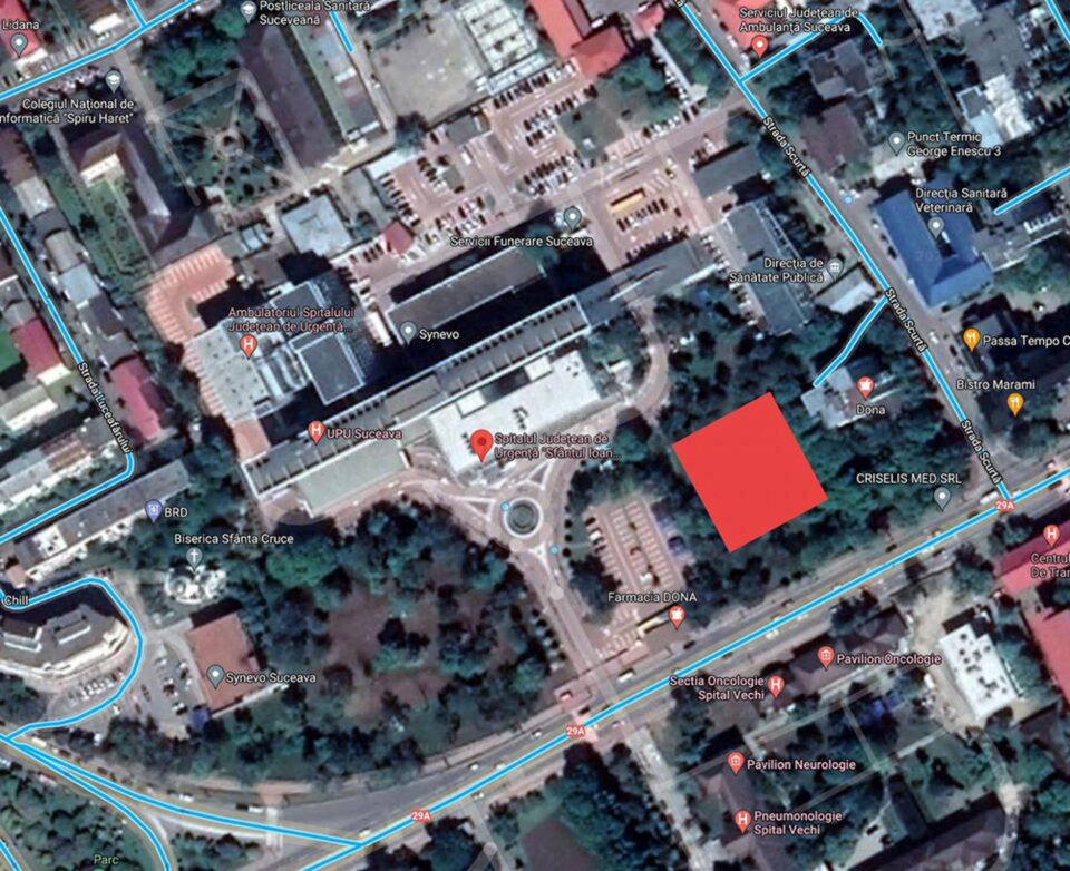 Plan Curte Spitalul Județean Suceava. Pătratul roșu reprezintă un posibil amplasament identificat pentru Facultatea de Medicină Plan Curte Spitalul Județean Suceava. Pătratul roșu reprezintă un posibil amplasament identificat pentru Facultatea de Medicină