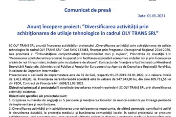 Anunț începere proiect: ”Diversificarea activității prin achiziționarea de utilaje tehnologice în cadrul OLY TRANS SRL”