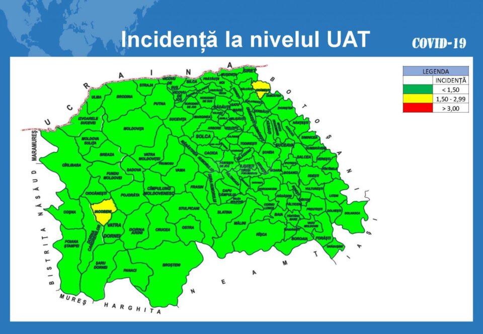 Județul Suceava este verde, cu două excepții - Iacobeni și Grămești, aflate în zona galbenă Covid