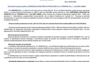 Comunicat începere proiect „EXTINDEREA CAPACITĂȚII DE PRODUCȚIE LA S.C. DEMIRUB S.R.L.”, cod SMIS 134000