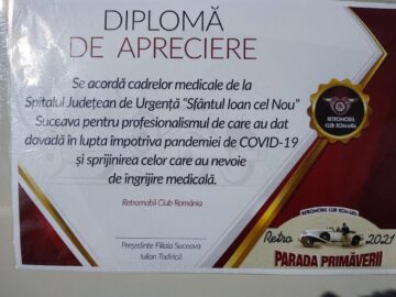 Diploma de apreciere oferită personalului medical al spitalului sucevean
