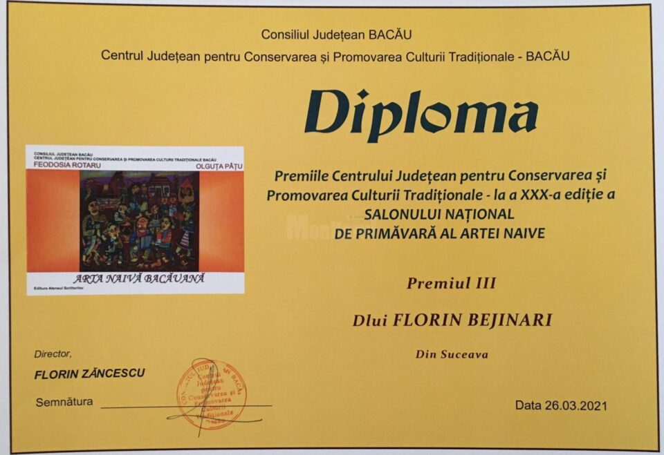 Meșterul popular rădăuțean Florin Bejinari a obținut Premiul III la Salonul Național de Primăvară al Artei Naive de la Bacău