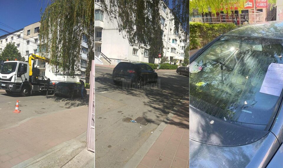 Poliția Locală a ridicat mașina unei femei, parcată în mijlocul străzii Grigore Ureche din Suceava