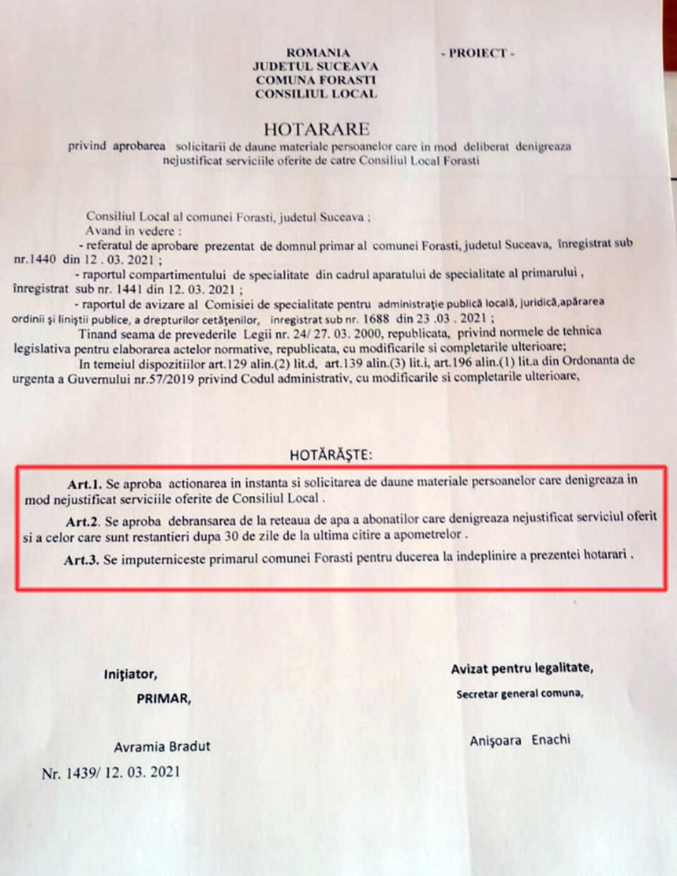Hotărârea de Consiliu Local din Forăști, declarată ilegală