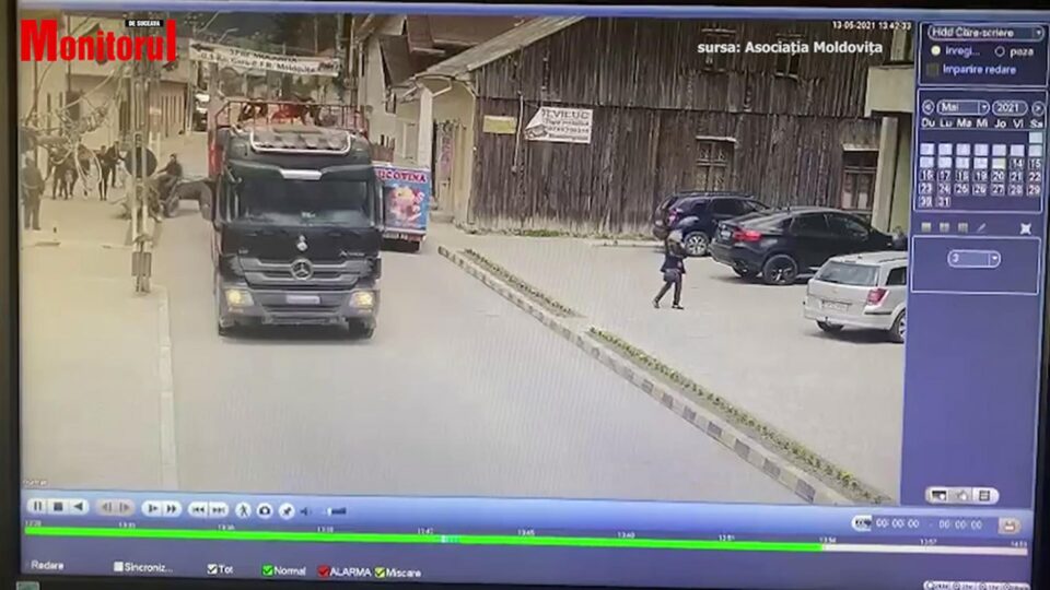 Cal și căruță, acroșați de un autotren cu bușteni