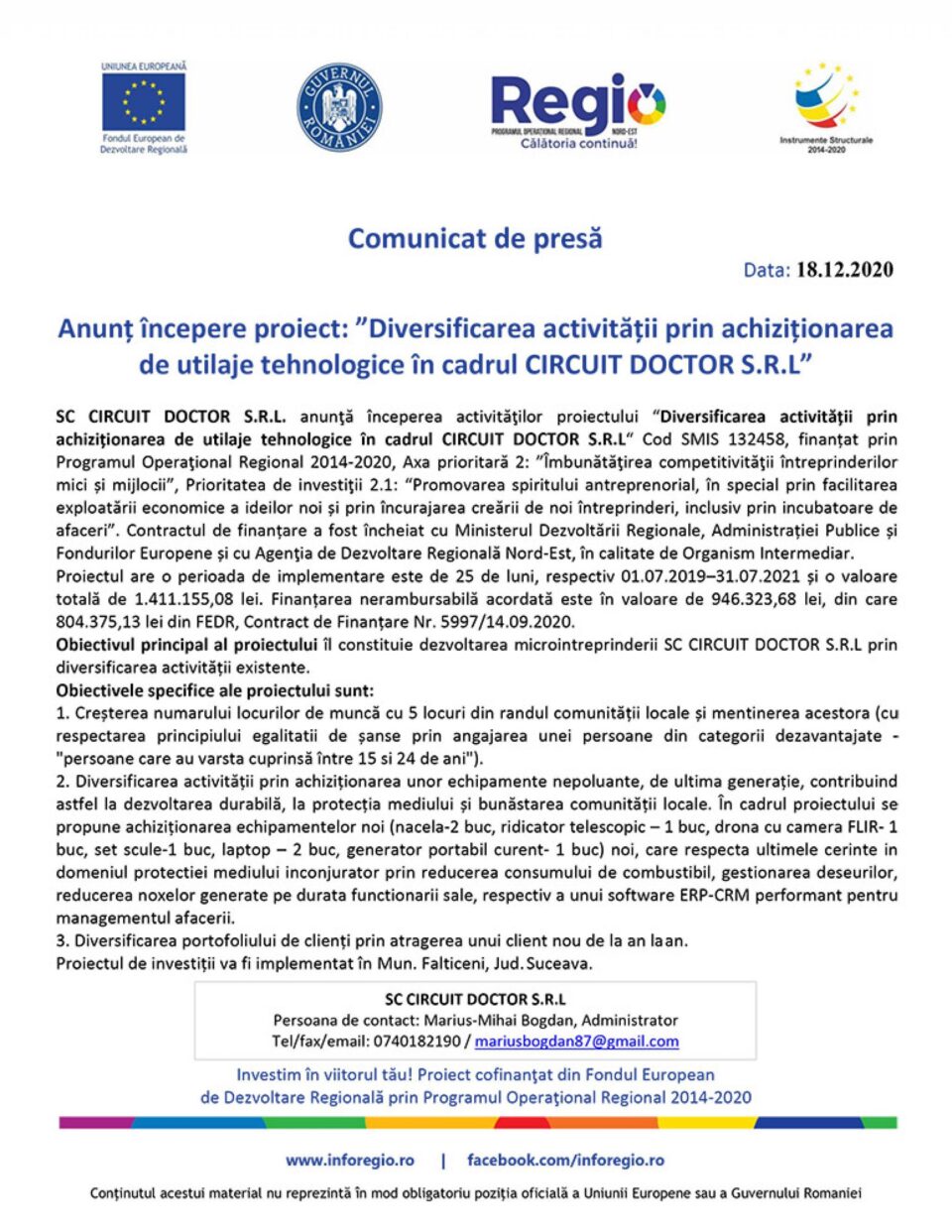Anunț începere proiect: ”Diversificarea activității prin achiziționarea de utilaje tehnologice în cadrul CIRCUIT DOCTOR S.R.L”