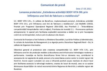 Lansarea proiectului „Extinderea activității BODY VITA SRL prin înființarea unei linii de fabricare a mobilierului”