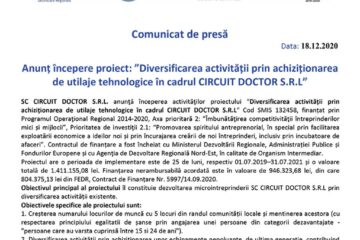 Anunț începere proiect: ”Diversificarea activității prin achiziționarea de utilaje tehnologice în cadrul CIRCUIT DOCTOR S.R.L”