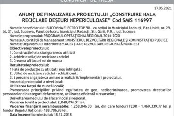 ANUNȚ DE FINALIZARE A PROIECTULUI „CONSTRUIRE HALA RECICLARE DEȘEURI NEPERICULOASE” Cod SMIS 116997