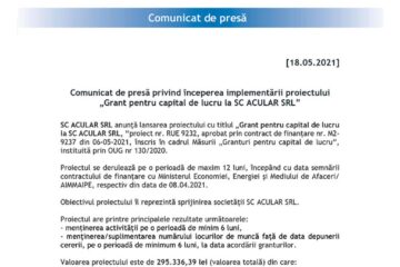 Comunicat de presă privind începerea implementării proiectului „Grant pentru capital de lucru la SC ACULAR SRL”