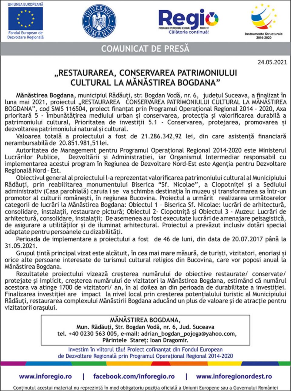„RESTAURAREA, CONSERVAREA PATRIMONIULUI CULTURAL LA MĂNĂSTIREA BOGDANA”