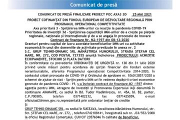 COMUNICAT DE PRESĂ FINALIZARE PROIECT POC AXA3 3D - PROIECT COFINANȚAT DIN FONDUL EUROPEAN DE DEZVOLTARE REGIONALĂ PRIN PROGRAMUL OPERAȚIONAL COMPETITIVITATE