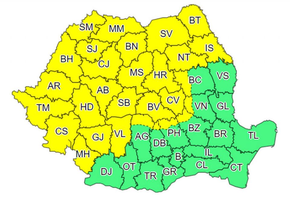 Cod galben de ploi, grindină, descărcări electrice și vânt puternic