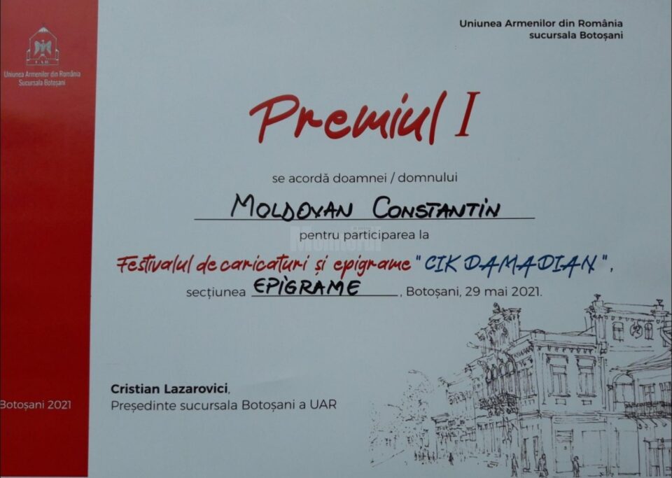 Profesorul Constantin Moldovan a obținut locul I la Festivalul de Caricaturi și Epigrame „Cik Damadian” de la Botoșani