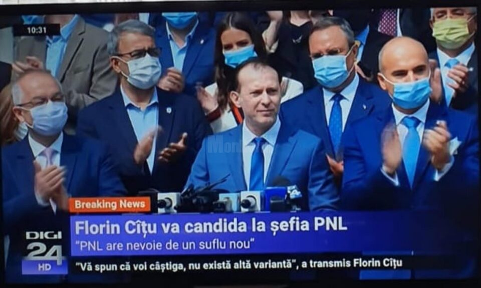 Premierul Florin Cîțu și-a anunțat duminică dimineața decizia de a candida la președinția PNL, inconjurat de zeci de lideri liberali