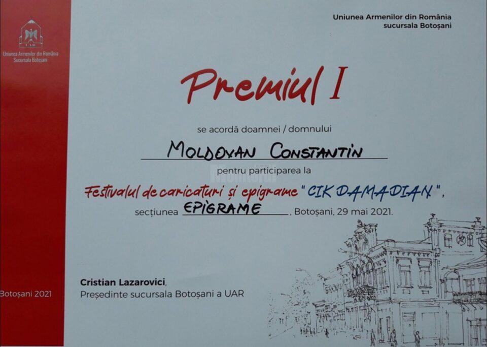 Profesorul Constantin Moldovan a obținut locul I la Festivalul de Caricaturi și Epigrame „Cik Damadian” de la Botoșani