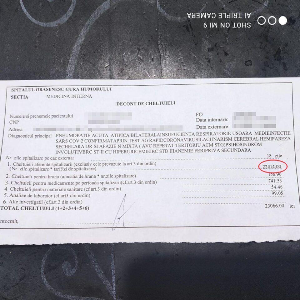 Factura emisă de Spitalul Orășenesc Gura Humorului