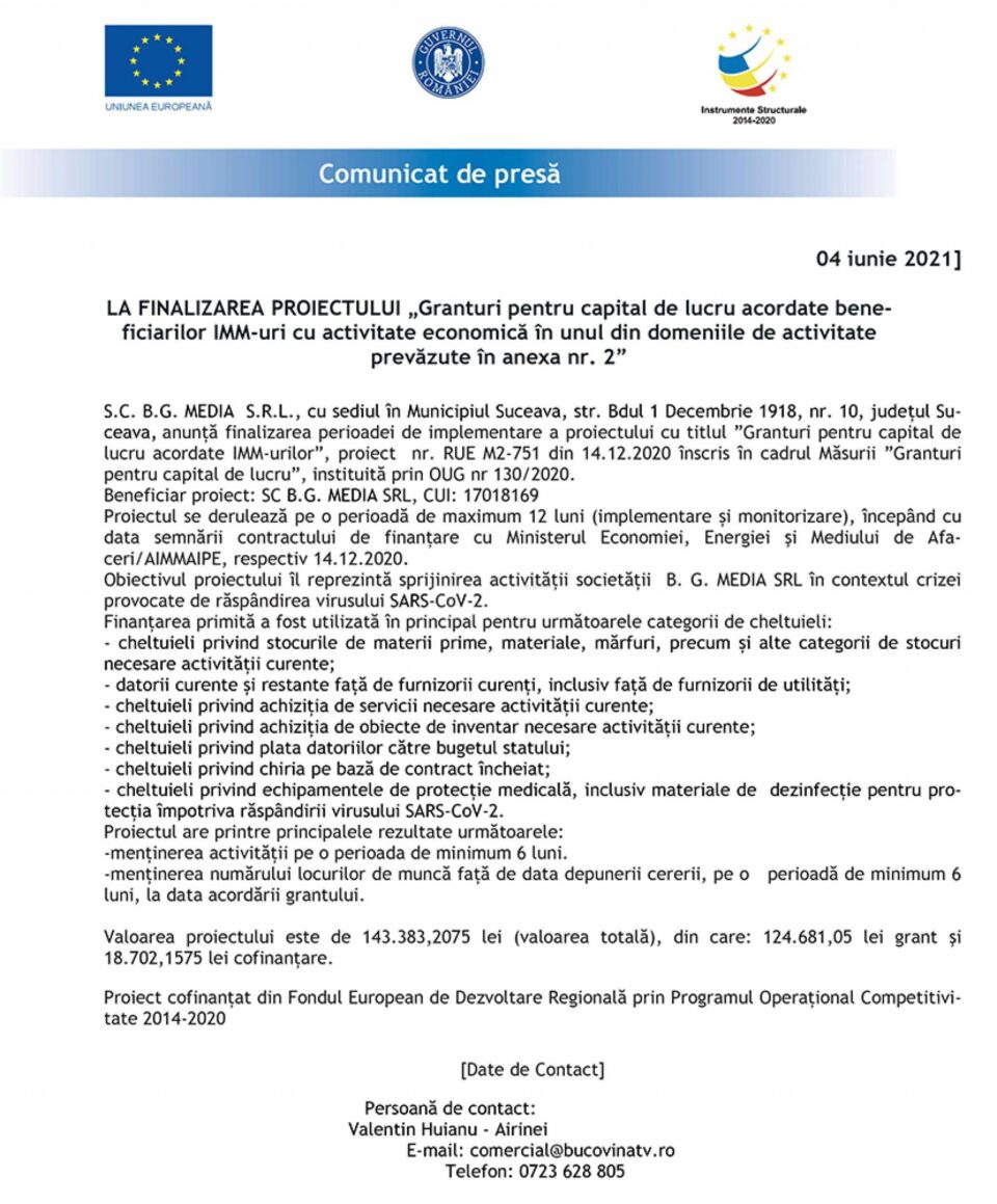 LA FINALIZAREA PROIECTULUI „Granturi pentru capital de lucru acordate be-neficiarilor IMM-uri cu activitate economică în unul din domeniile de activi-tate prevăzute în anexa nr. 2” LA FINALIZAREA PROIECTULUI „Granturi pentru capital de lucru acordate be-neficiarilor IMM-uri cu activitate economică în unul din domeniile de activi-tate prevăzute în anexa nr. 2”