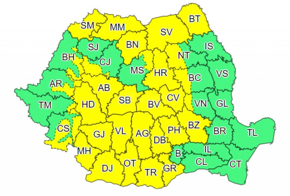 Cod galben de ploi torențiale, descărcări electrice, vijelii și grindină