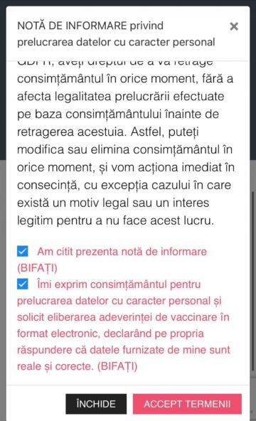 4. Introduceți CNP-ul persoanei vaccinate/pașaport + codul unic RENV (CNP virtual generat automat) și numărul de telefon pe care s-a făcut programarea sau care s-a folosit pentru introducere direct în RENV