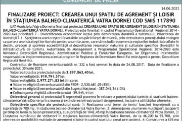 FINALIZARE PROIECT: CREAREA UNUI SPAȚIU DE AGREMENT ȘI LOISIR ÎN STAȚIUNEA BALNEO-CLIMATERICĂ VATRA DORNEI COD SMIS 117890