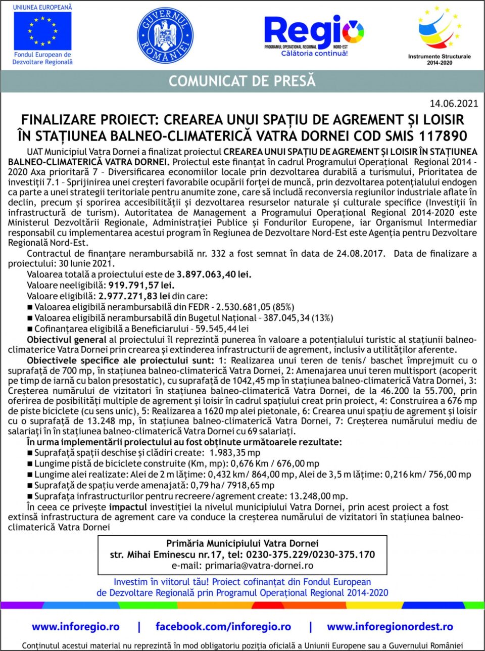 FINALIZARE PROIECT: CREAREA UNUI SPAȚIU DE AGREMENT ȘI LOISIR ÎN STAȚIUNEA BALNEO-CLIMATERICĂ VATRA DORNEI COD SMIS 117890