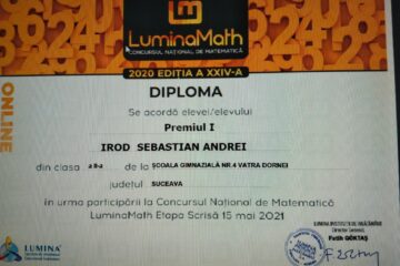 Premiul I, obținut de Sebastian Irod, elev în clasa a II-a din Vatra Dornei, la concursul național de matematică LuminaMath