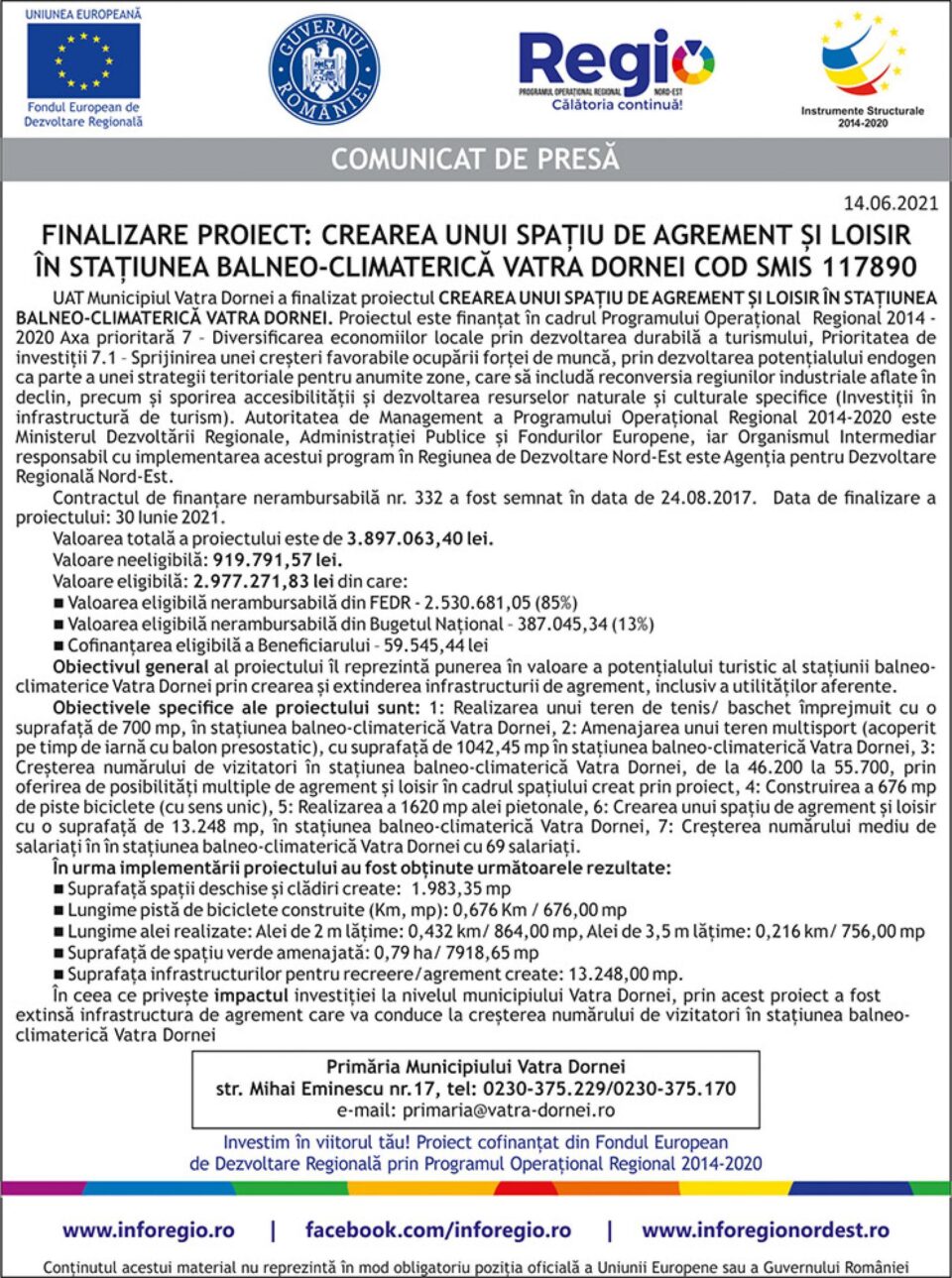 FINALIZARE PROIECT: CREAREA UNUI SPAȚIU DE AGREMENT ȘI LOISIR ÎN STAȚIUNEA BALNEO-CLIMATERICĂ VATRA DORNEI COD SMIS 117890