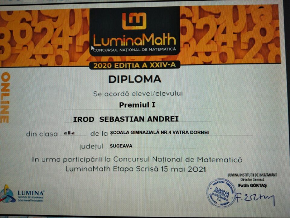 Premiul I, obținut de Sebastian Irod, elev în clasa a II-a din Vatra Dornei, la concursul național de matematică LuminaMath Premiul I, obținut de Sebastian Irod, elev în clasa a II-a din Vatra Dornei, la concursul național de matematică LuminaMath