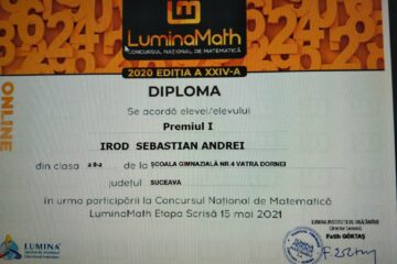Premiul I, obținut de Sebastian Irod, elev în clasa a II-a din Vatra Dornei, la concursul național de matematică LuminaMath