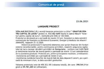 Lansarea proiectului cu titlul ” GRANTURI PENTRU CAPITAL DE LUCRU”