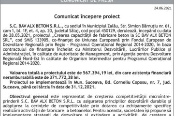 Comunicat începere proiect - Crearea capacității de fabricare beton la SC BAV ALX BETON SRL