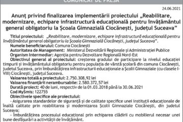 Anunț privind finalizarea implementării proiectului „Reabilitare, modernizare, echipare infrastructură educațională pentru învățământul general obligatoriu la Școala Gimnazială Ciocănești, județul Suceava”