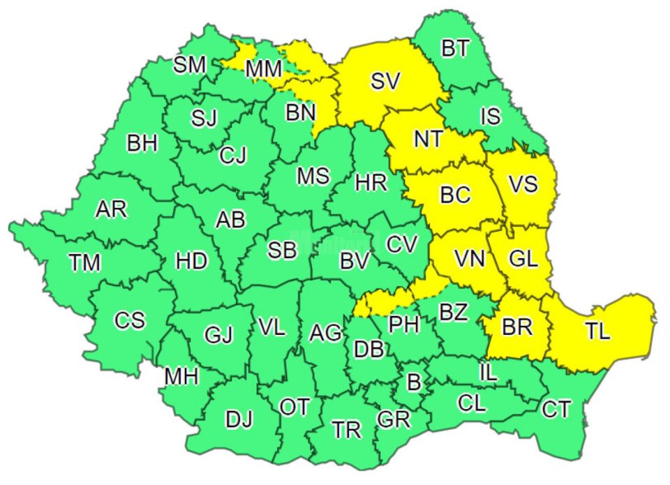 Cod galben de furtună, cu averse torențiale, pentru județul Suceava