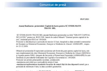 Anunț finalizarea proiectului: Capital de lucru pentru SC STEHLMANN TRANS SRL