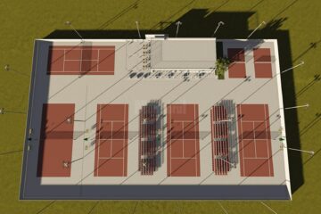 Proiectul bazei sportive cuprinde patru terenuri de tenis de câmp și un teren de antrenament, toate pe zgură